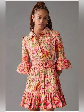 FARM Rio Pink Banana Floral Belted Mini Dress Size L